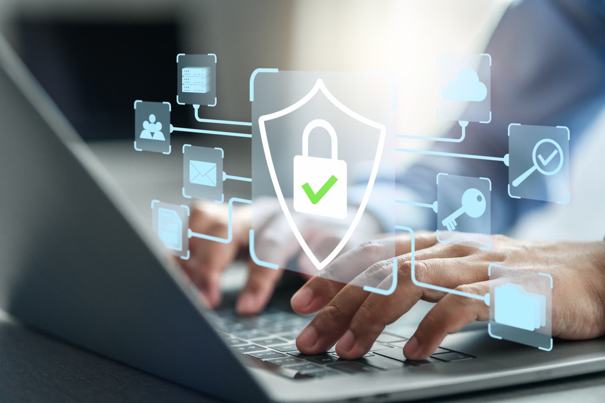 Cybersecurity shield protecting business cloud apps and data