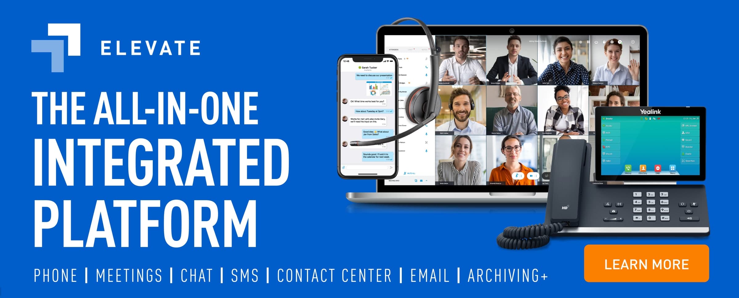 Unified communications platform with phone, meetings, chat, SMS, contact center, email, and archiving